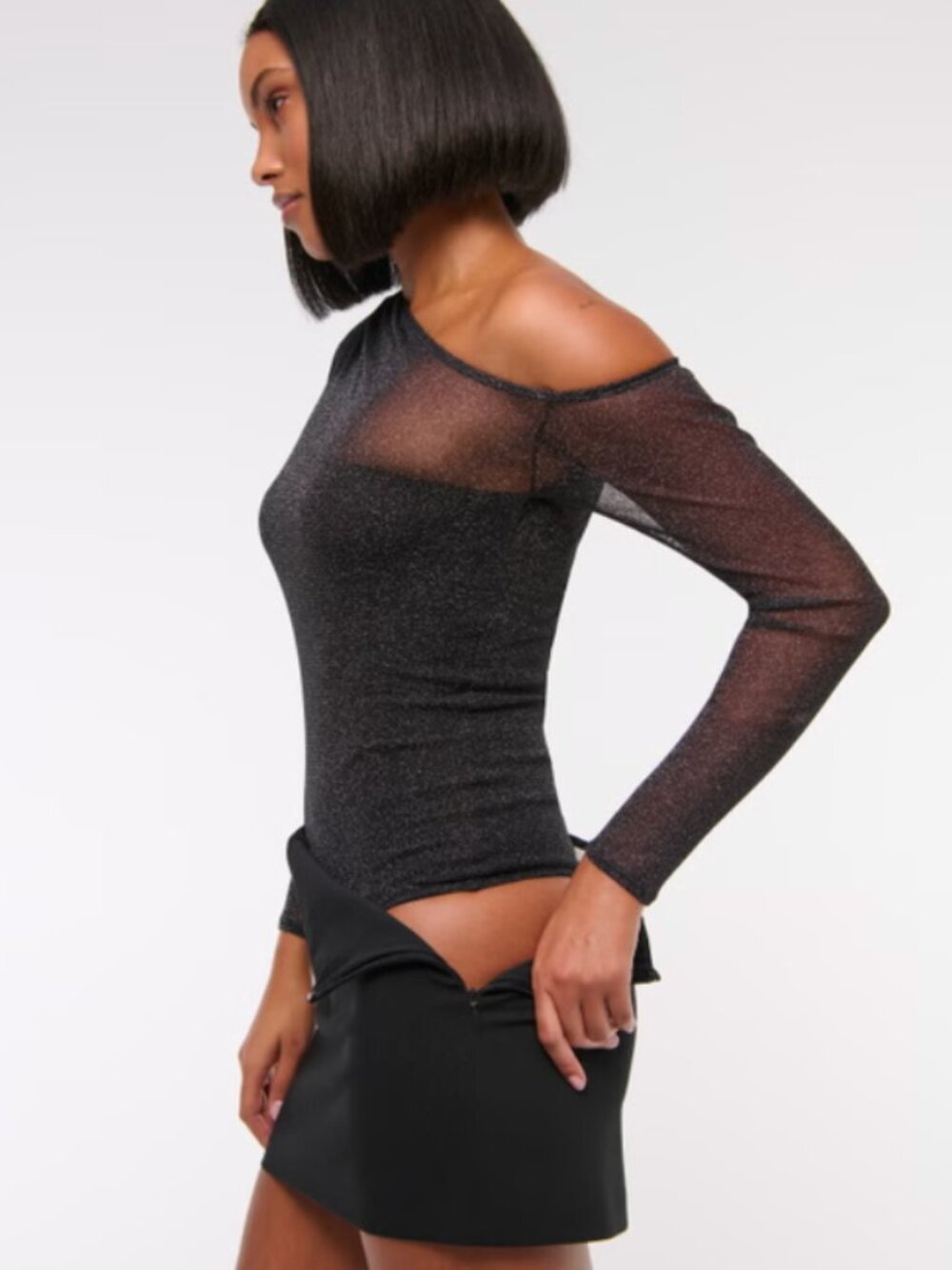 Abercrombie & Fitch Women's Long-Sleeve Asymmetrical Draped Mesh Bodysuit - Picture 5 of 5